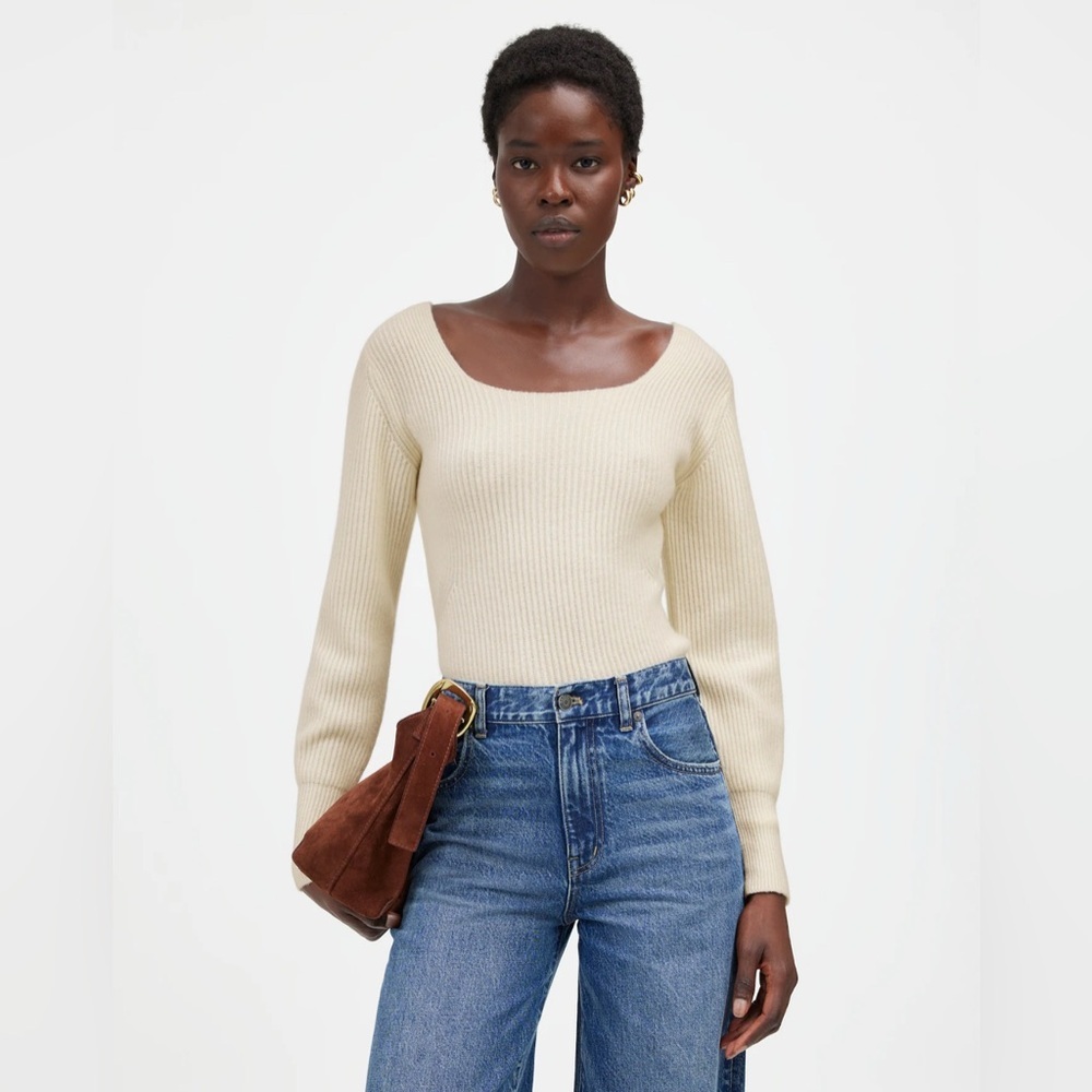 Cream Ribbed Scoop Neck Sweater